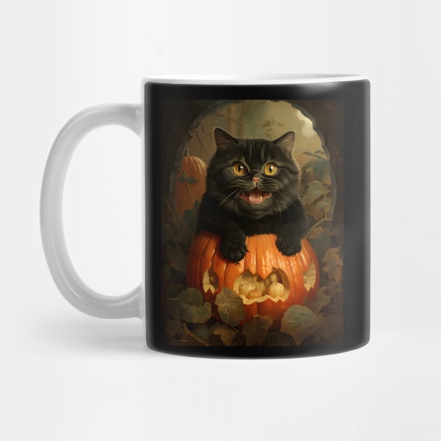 Retro Vintage Funny Chubby Black Cat and Pumpkin - Whimsical Autumn Delight by KittyStampedeCo